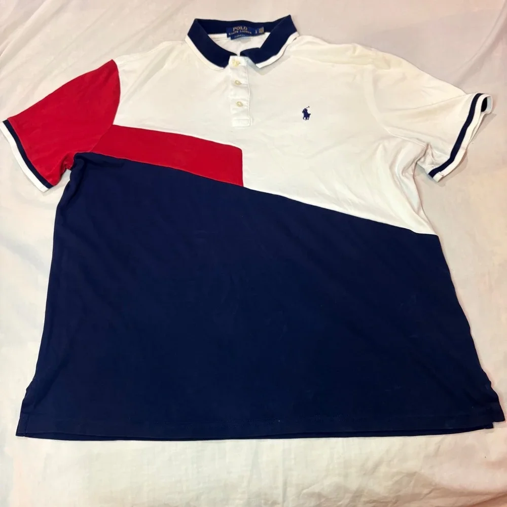 Polo Ralph Lauren Mens Classic Fit Colorblock Polo‎ Shirt Navy White Red Large